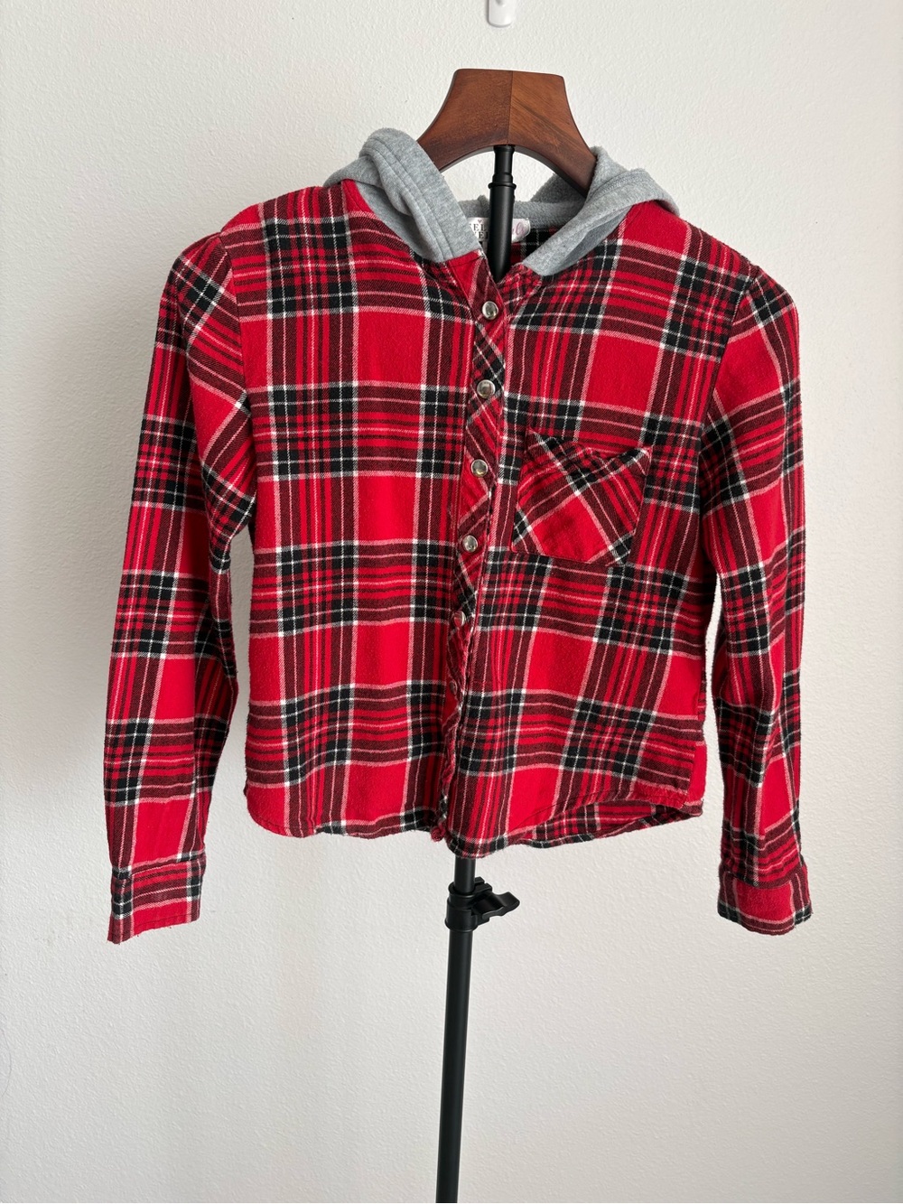 Stella Tweed girls Red Black Plaid Button-Down Shirt with Gray Hood S